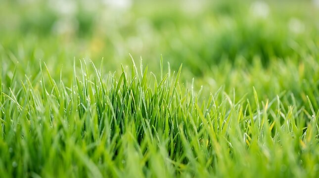 Lush green grass with morning dew drops macro photography for nature background and environmental sustainability banner.