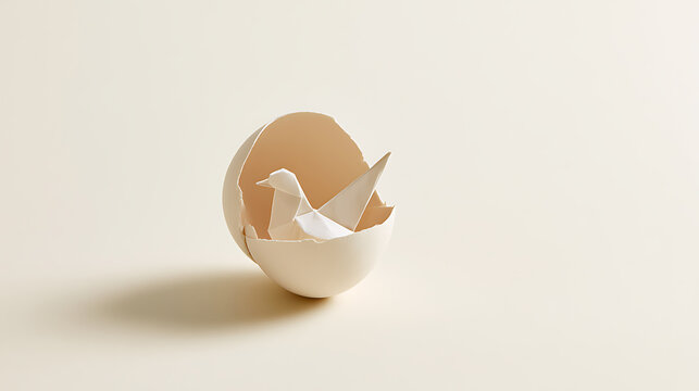 Delicate origami paper bird rest inside a broken eggshell, symbolizing new beginnings, fragility, hope, and birth on a soft pastel background