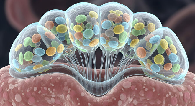 Magnified view of taste buds on tongue surface with taste receptor cells and molecules.