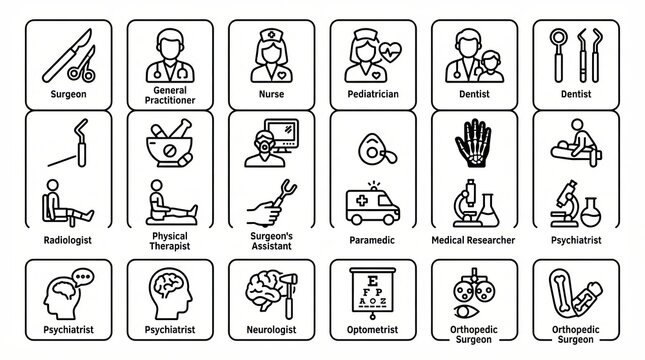 Medical staff and healthcare professional line icons set