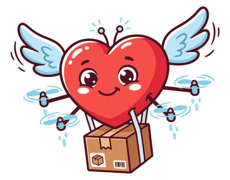 Cute cartoon heart character flying with a drone delivering a package