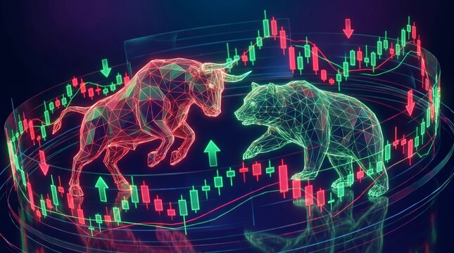 Low poly bull and bear facing off on digital stock market background