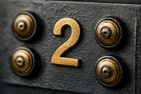 Close-up of a metallic number two with golden finish, surrounded by four circular screws on a textured black surface, showcasing industrial design elements and craftsmanship
