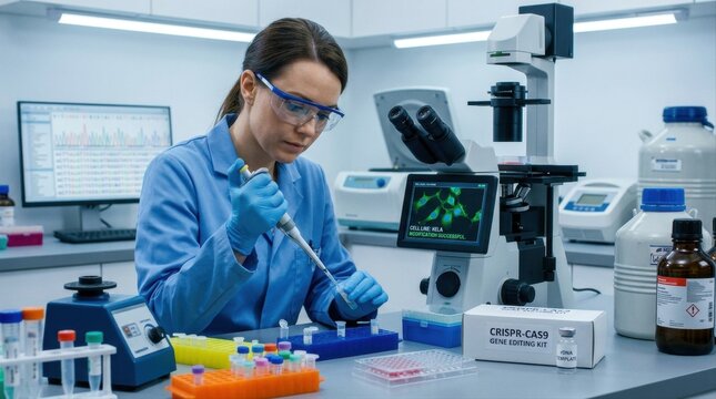 Female scientist using pipette for crispr gene editing research. Biotechnology expert working in modern laboratory