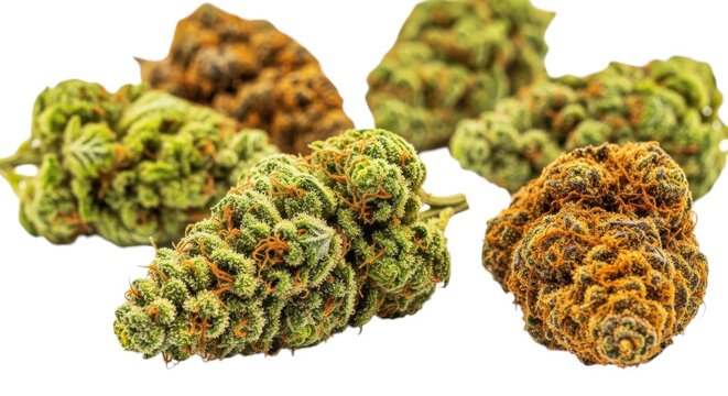 Group of dried cannabis flower buds showing different shades of green and amber resinous trichomes isolated on white surface.