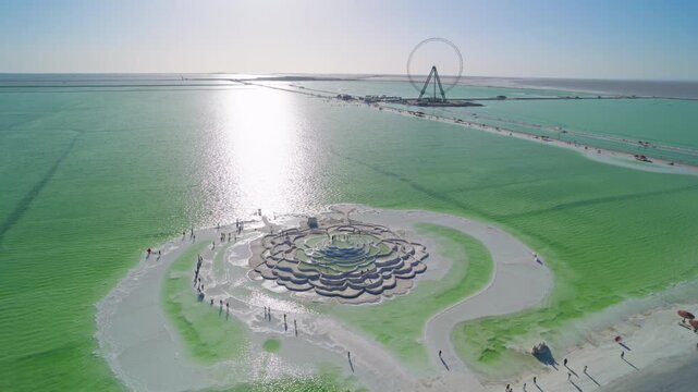Aerial View of Bishui Yaotai Formation in Qarhan Salt Lake: Emerald Green Water, Sunset Glow and White Salt Crust in Qinghai