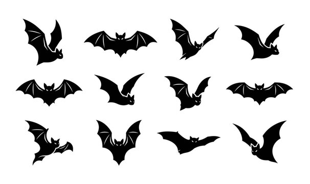 Halloween Spooky Bat Silhouette Icon Set with Flying Vampire Bat Wing Graphic Elements for Scary Party Invitation Card Vector Designs