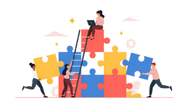 Corporate team working together to build a puzzle tower symbolising collaboration and success with business teamwork strategy collaboration corporate solution planning management together