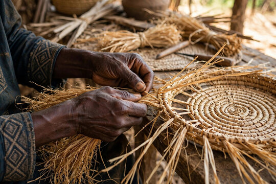 
African artisan hands weaving traditional raffia basket, close-up craftsmanship