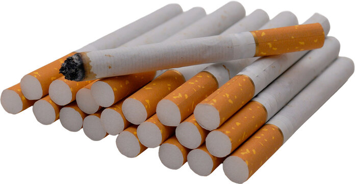 A stack of cigarettes with orange filters is neatly arranged on a white background, with a partially smoked cigarette resting on top against a transparent background.