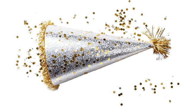 Silver glitter party cone hat with gold tinsel pom and scattered metallic confetti