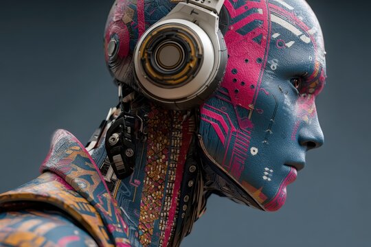 Futuristic humanoid robot with colorful circuit patterns and large headphones, showcasing intricate details and textures against a dark background