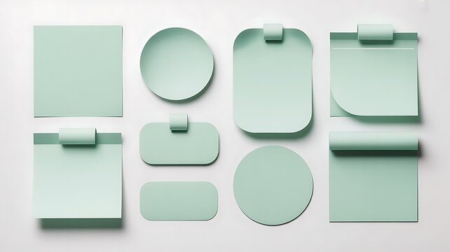 Collection of minimalist mint green sticky notes and page markers in various shapes including square circle and rectangle isolated on transparent background for office supplies and organization .
