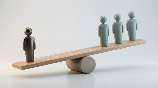 Equal balance negotiation mediation concept with individual and team figures on wooden seesaw scale