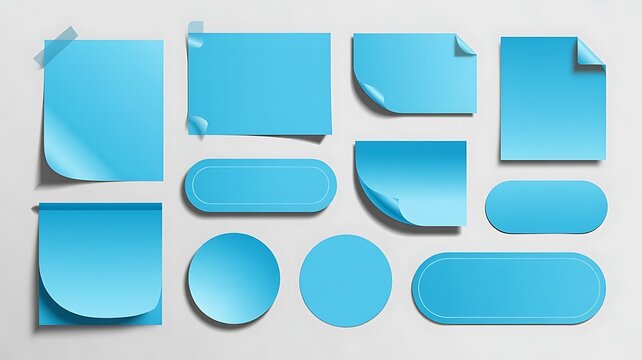 Collection of various blue sticky notes and page markers with curled and rounded edges isolated on transparent background suitable for office organization and planning purposes