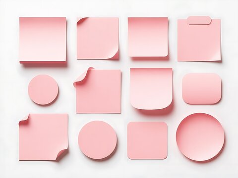 Collection of pink sticky notes and labels with various shapes including squares circles and rectangles isolated on transparent background for office organization and planning