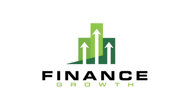 Finance growth conceptual logo with green rising bar charts and upward trend arrows business investment marketing corporate financial strategy development increase analysis planning
