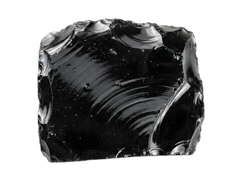 A single piece of polished black volcanic obsidian rock with sharp conchoidal fracture edges isolated on white background