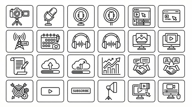 Set of hand drawn social media and digital content creation doodle icons