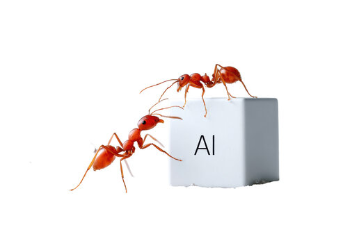 Macro red ants climbing white cube with AI text symbolizing teamwork and artificial intelligence