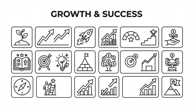 Set of business growth and success line icons for professional projects