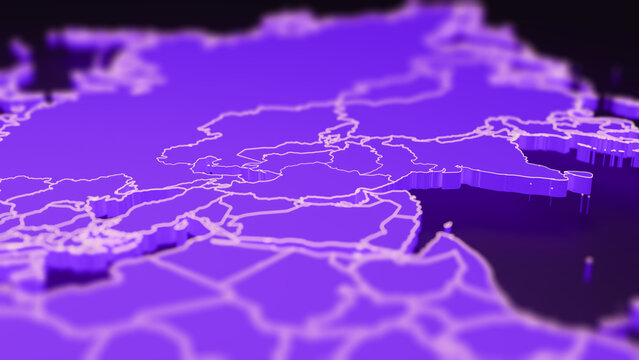 Iran and Persian Gulf Region Map 3D Close Up Illustration in Purple with Shallow Depth of Field. Artistic representation, not intended for precise geographic reference.