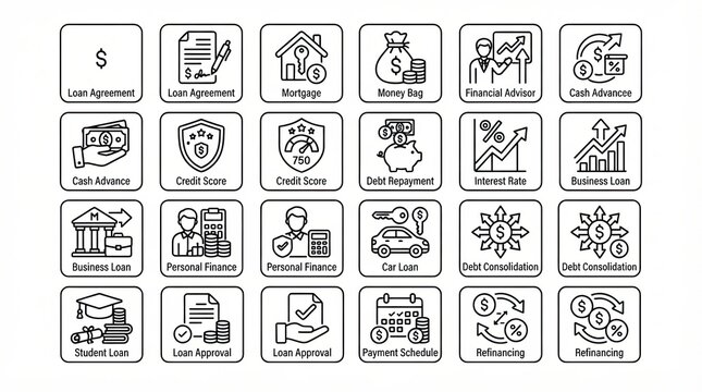 Set of hand drawn financial and banking business line icons