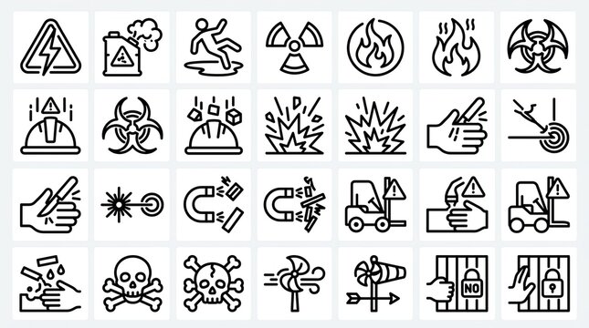 Set of industrial safety and hazard warning line icons