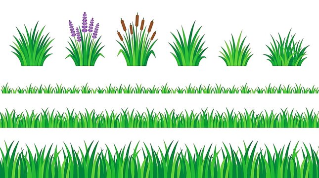 Green Grass and Floral Border Collection Flat Illustration Set for Garden Landscape Design Website Graphic Background