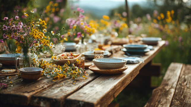 Rustic wooden table set for outdoor garden party. Ceramic plate and glass with wildflower bouquet in nature. Concept of festive summer dining, eco friendly lifestyle and cottagecore.