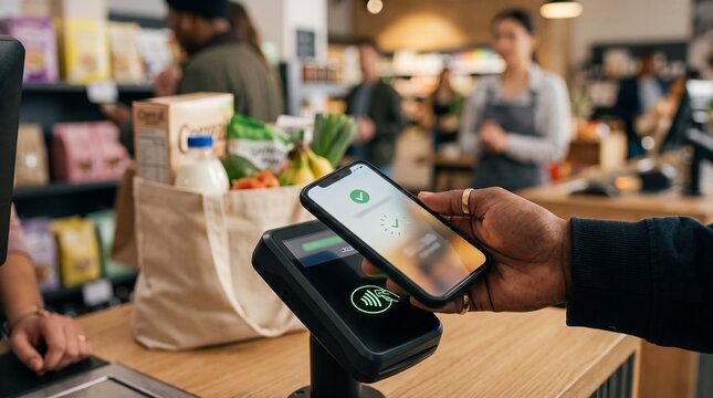 Customer paying for groceries at supermarket counter using contactless mobile wallet app on smartphone for fast and secure digital transaction
