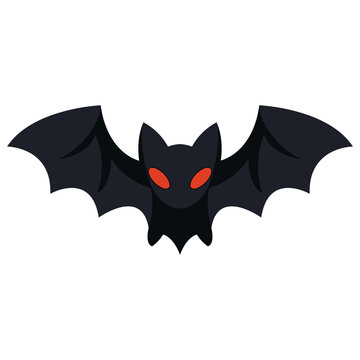 Halloween bat flat illustration featuring a dark vampire bat with red eyes and spread wings for spooky decorations, posters and seasonal designs, isolated on transparent background.