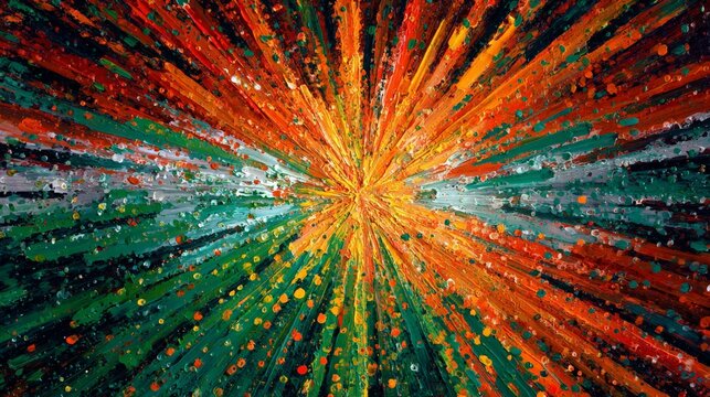 Abstract oil painting with radial brush strokes creating light burst effect. Background featuring textured impasto art with orange and green paint. Dynamic colorful explosion energy design.