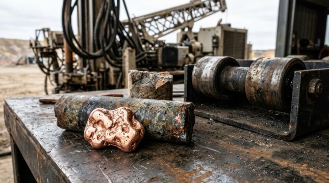 Copper nugget, mineral core sample, conveyor rollers, and drilling core segment on steel surface with autonomous drill rig in the background.