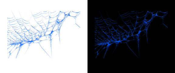 Naklejka premium Glowing blue spiderweb on black and white backgrounds, spooky neon cobweb design elements, Halloween decorative graphic assets
