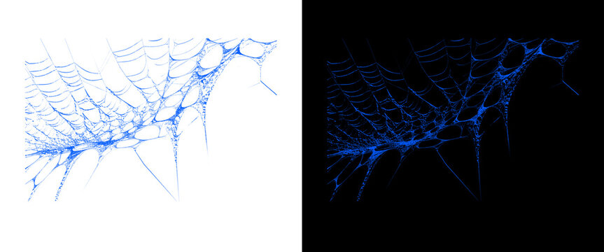 Glowing blue spiderweb on black and white backgrounds, spooky neon cobweb design elements, Halloween decorative graphic assets