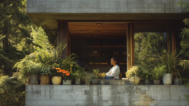 Woman sitting on a concrete balcony surrounded by houseplant. Peaceful girl relaxing in a modern living space with nature. Tranquil lifestyle concept, wellness and mental health.