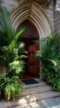Ancient wooden door at church entrance decorated with potted palm plant. Religious building doorway with gothic architecture and green foliage. Traditional cathedral exterior entrance.