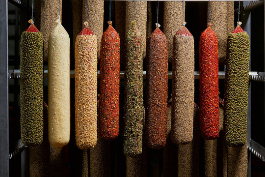 Different types of salami hanging