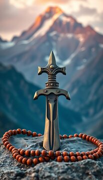 Ancient trishul with rudraksha beads rests against a majestic mountain backdrop, symbolizing strength and spirituality, Iconic, Sacred Geometry