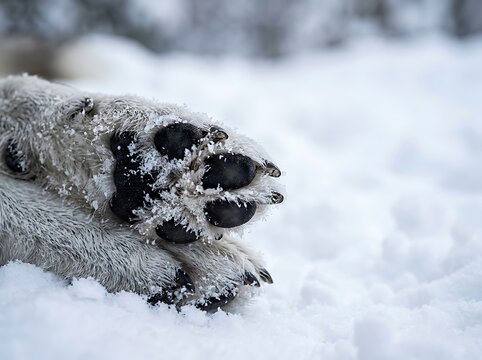 Close-up of Husky Dog Paw Pads in Fresh Winter Snow