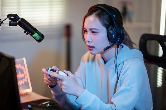 Female Gamer Streamer Plays Video Games Live Online Professional Gaming Setup Home Studio Broadcast