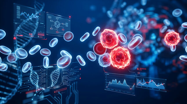 Digital illustration of leukemia cells and blood analysis for medical research