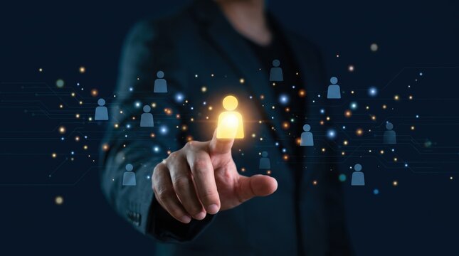 Hand selecting glowing user icon from digital network, human resources recruitment hiring concept, social media connection and community management technology interface background