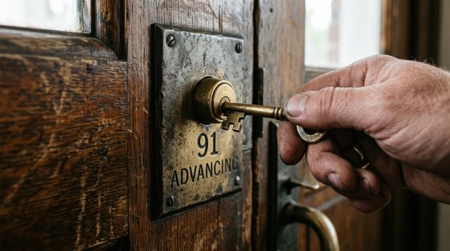 Close-up of a weathered hand inserting a vintage brass skeleton key into a keyhole on an old wooden door featuring a metal plate with the number 91 and the word ADVANCING engraved.