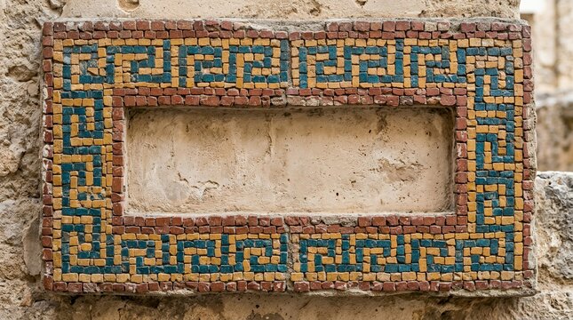 Ancient Greek meander mosaic border on stone texture.