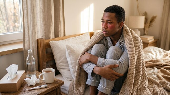 Young man suffering from fever sitting on his bed wrapped in a cozy warm blanket