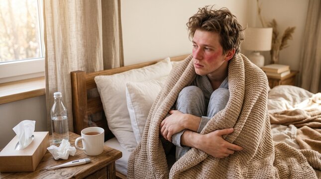 Sick young man sitting in bed wrapped in warm knitted blanket feeling miserable with high fever