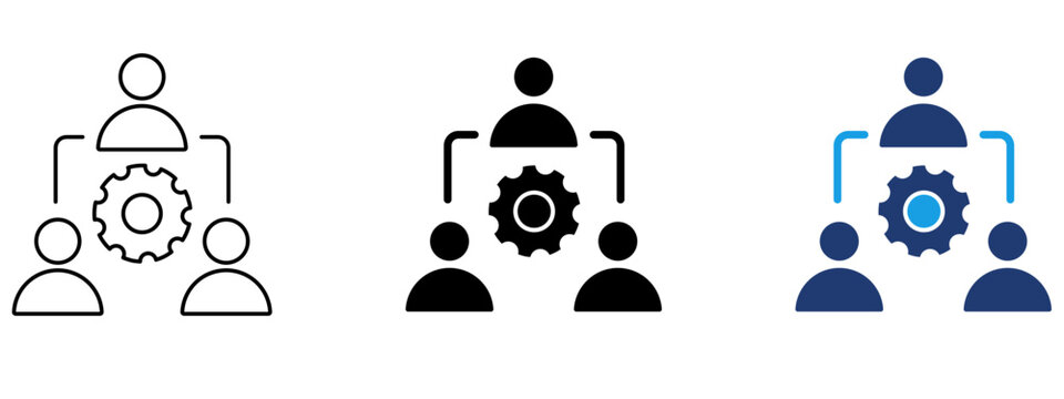 Team management icon set with connected people and gear. Symbol of teamwork, collaboration, organization structure, human resources, workgroup coordination, business hierarchy, management.