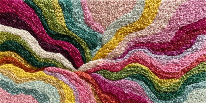 Abstract textile art featuring vibrant waves of colorful threads in shades of pink, green, yellow, and cream, creating a dynamic and textured visual effect